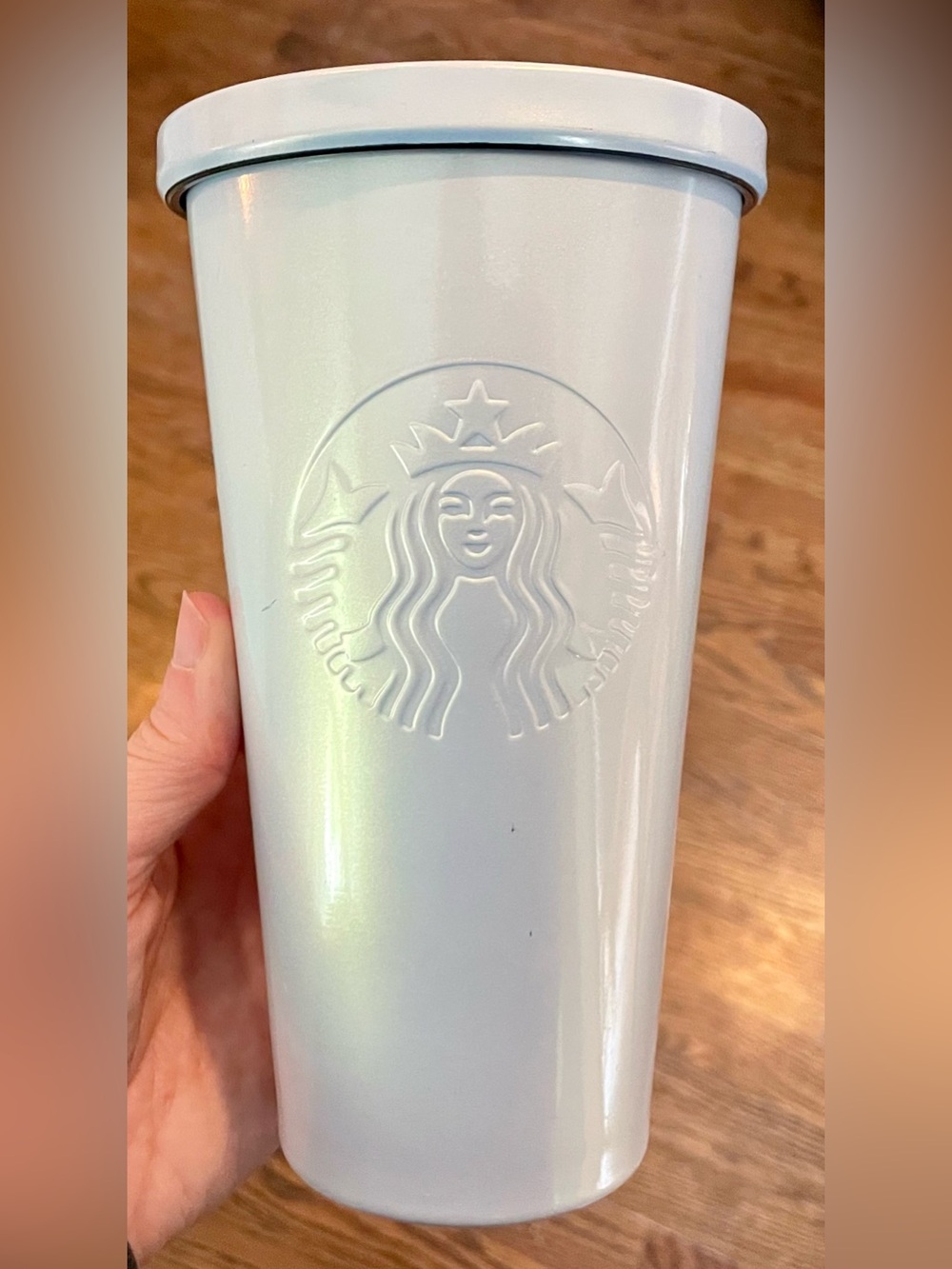 STARBUCKS Stainless Steel Pearl White Iridescent Coffee Cup Tumbler 16oz 2014